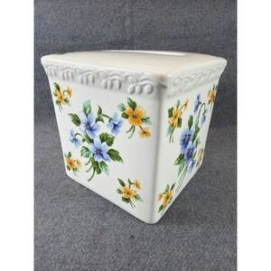 Liz Claiborne Just Picked Tissue Box Cover White Blue Yellow Floral Ceramic VTG